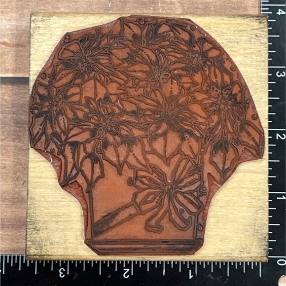 VERY HTF VINTAGE PRAIRIE RUBBER STAMPS WOOD MOUNTED BASKET OF POINSETTIA'S - Picture 3 of 7